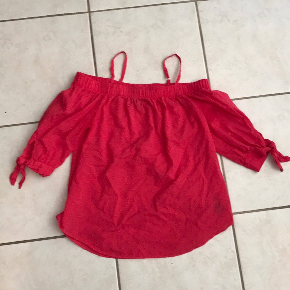 Coral red/pink off the shoulder top eyelet pattern